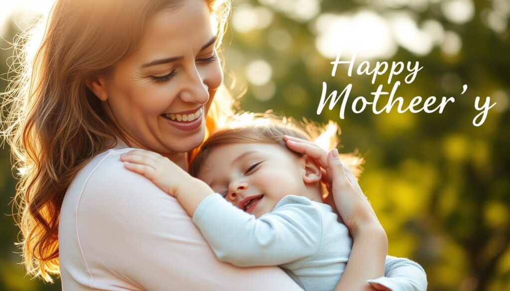 A warm, sun-dappled scene of a mother and child embracing outdoors, against a backdrop of lush greenery and a soft, blurred sky. The mother's face radiates love and gratitude, her hands tenderly cradling the child's head. The child, eyes closed, leans into the mother's touch, a serene expression of contentment. Soft, diffused lighting emphasizes the intimate, joyful moment, conveying the deep appreciation and reverence at the heart of Mother's Day.