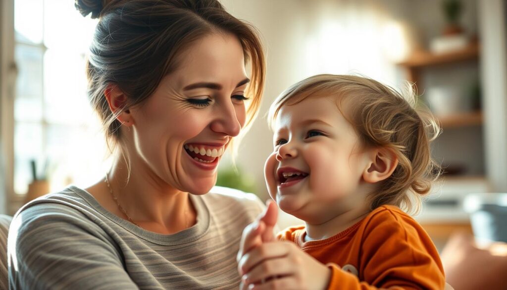 A warm, sun-dappled scene of a mother and child sharing a lighthearted moment, captured with a shallow depth of field that gently blurs the background. The mother's face is animated with a playful smile, her eyes sparkling with mirth as she engages her child in a whimsical game or silly exchange. The child's expression mirrors the mother's, their bond palpable in the tender, joyful interaction. The setting is cozy and comfortable, perhaps a living room or kitchen, with hints of everyday domestic details that add to the sense of intimacy and warmth. The lighting is soft and flattering, casting a gentle glow that enhances the mood of genuine connection and the uplifting power of humor in the mother-child relationship.