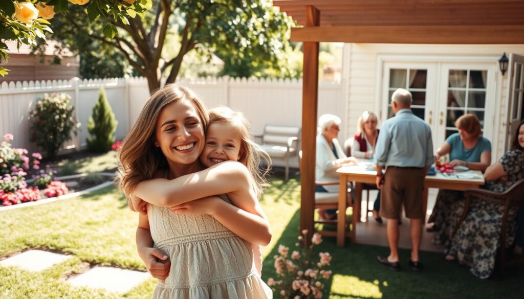 A warm, sun-drenched family gathering on Mother's Day. In the foreground, a mother and her children embracing, their joyful expressions captured in a soft, natural light. The middle ground features a picturesque backyard setting, with a neatly trimmed lawn, blooming flowers, and a cozy patio area. In the background, a group of loved ones - grandparents, aunts, uncles - gathered around a table, sharing a meal and conversation, their laughter and camaraderie filling the air. The overall scene radiates a sense of familial love, togetherness, and the celebration of the maternal bond, captured with a cinematic, documentary-style aesthetic.