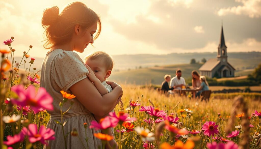 A warm, sun-drenched meadow where vibrant wildflowers sway in a gentle breeze. In the foreground, a serene mother figure tenderly embraces her young child, their bond conveyed through gentle expressions and a loving embrace. The middle ground features a family gathered around a table, sharing a midday meal and laughter. In the distance, a quaint village nestled among rolling hills, its steepled church bells chiming, signifying the arrival of Mother's Day. Soft, diffused lighting filters through wispy clouds, creating a dreamlike, nostalgic atmosphere. The scene exudes a timeless, heartfelt celebration of motherhood and the profound meaning of the Mother's Day tradition.
