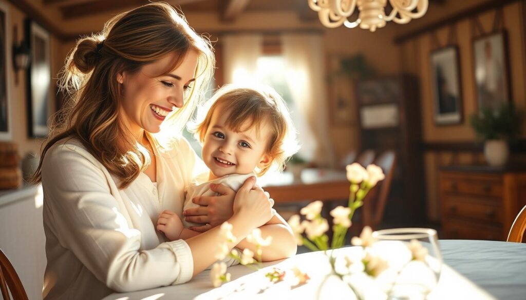 A warm, sun-drenched scene depicting a heartfelt mother's day celebration. In the foreground, a loving mother and child embrace, their joyful expressions radiating tenderness. Soft, natural lighting bathes the pair in a golden glow, creating an intimate, serene atmosphere. In the middle ground, delicate floral arrangements adorn a simple, yet elegant table setting, hinting at the significance of the occasion. The background features a cozy, rustic interior, with wooden accents and a sense of comfortable familiarity, conveying the cherished traditions and time-honored bonds of family. This image captures the essence of "Einleitung: Der besondere Tag für Mama", a poignant tribute to the unwavering love and importance of mothers.