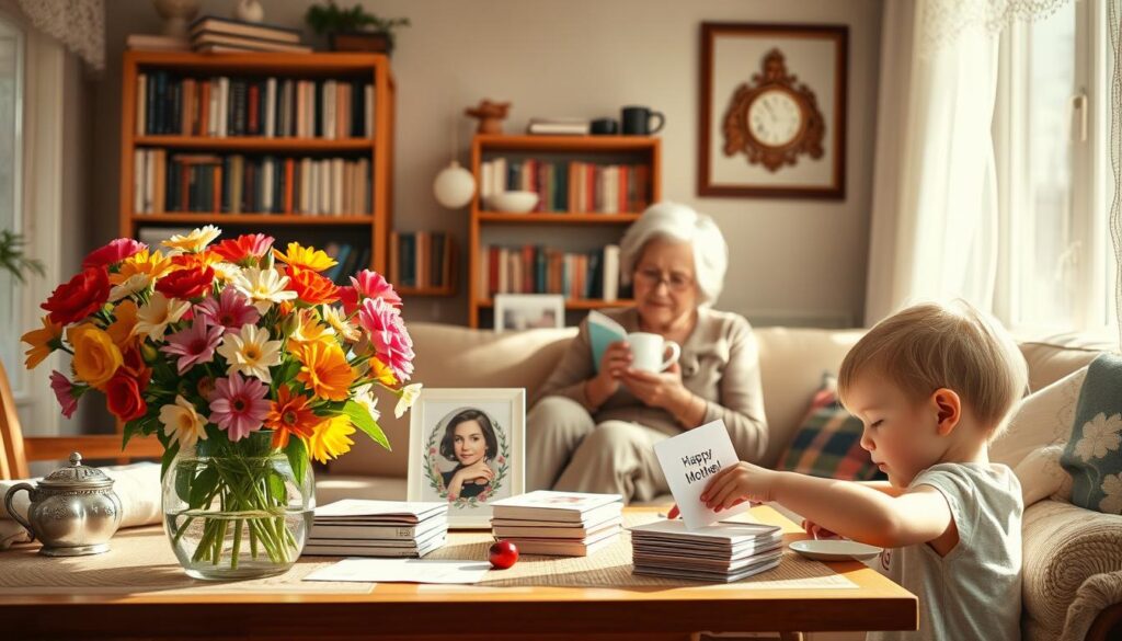 A warm, sun-drenched scene in a cozy German living room. Soft natural light filters through lace curtains, illuminating a beautifully set table with a vase of vibrant spring flowers, a stack of heartfelt greeting cards, and a framed portrait of a loving mother. In the foreground, a young child carefully crafts a handmade card, their face radiating joy and gratitude. The middle ground features an older woman, perhaps a grandmother, sipping tea while gazing at family photos with a serene, contemplative expression. In the background, a bookshelf overflows with volumes, hinting at the deep appreciation for tradition and family values that permeate this intimate celebration of Muttertag in Deutschland.