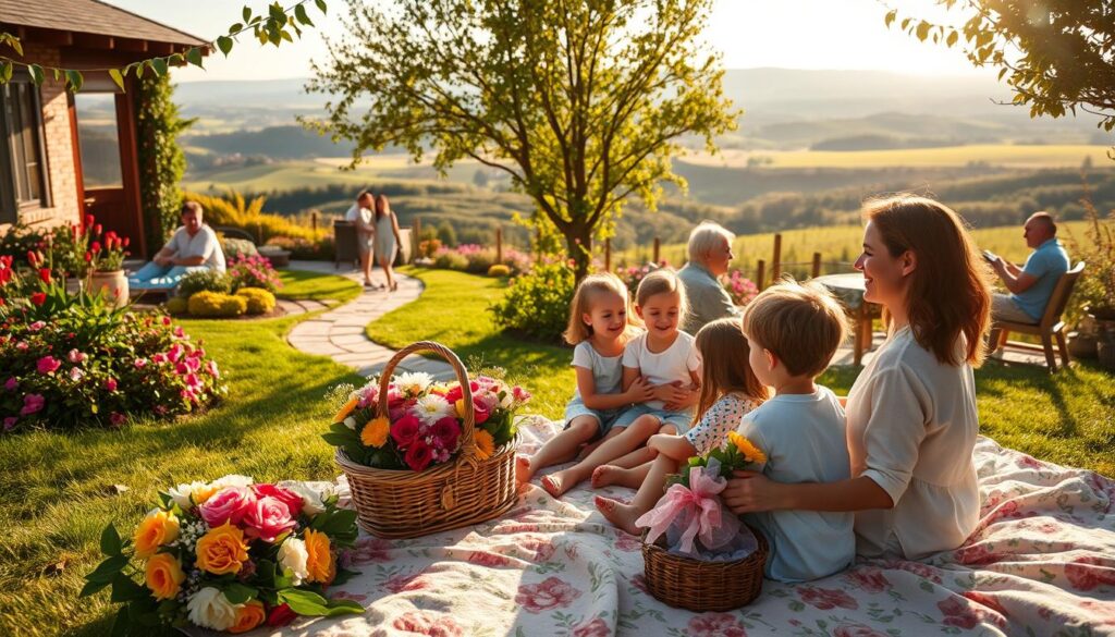 A warm, sun-drenched scene of a family celebrating Mother's Day. In the foreground, a mother and her children sitting on a plush, floral-patterned blanket, surrounded by bouquets of freshly picked flowers and a picnic basket overflowing with homemade treats. The middle ground features a lush, verdant garden with vibrant blooms and a winding path leading to a cozy patio, where additional family members gather, engaged in animated conversation. In the background, a tranquil, sun-dappled landscape with rolling hills and a distant horizon, conveying a sense of peaceful serenity. The overall mood is one of joy, affection, and cherished moments shared together on this special day.