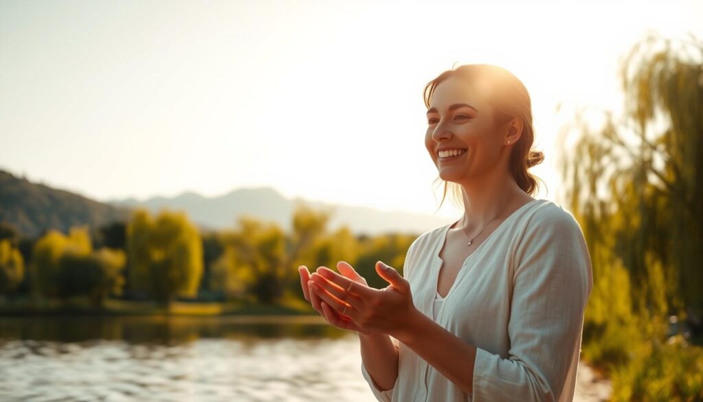 A warm, sun-drenched scene of a serene lakeside setting. In the foreground, a woman stands by the water's edge, her hands cupped gently as if holding fragile words. Soft light illuminates her face, conveying a sense of wonder and contentment. The middle ground features a lush, verdant landscape with willow trees swaying gently in the breeze. In the background, a distant mountain range rises up, their peaks bathed in golden hues. The overall atmosphere is one of tranquility and introspection, inviting the viewer to reflect on the profound impact of language and the joyful moments it can create.