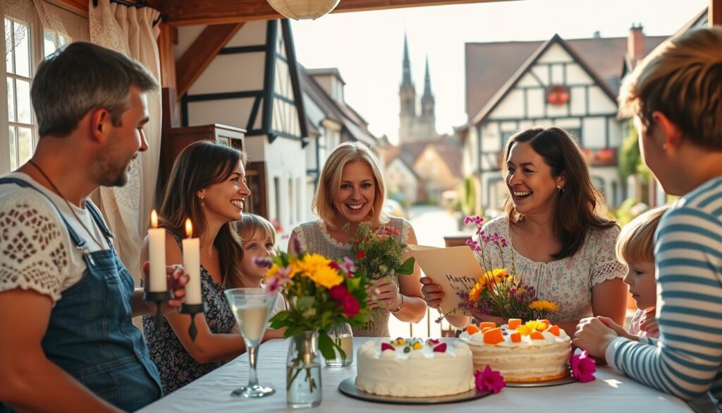 A warm, sun-drenched scene of a traditional German Muttertag celebration. In the foreground, a family gathers around a table adorned with candles, fresh flowers, and a homemade cake. The mother, smiling radiantly, is presented with a handmade card and a bouquet of vibrant wildflowers by her children. In the middle ground, a cozy living room backdrop features lace curtains, family photos, and heirloom furnishings. The background showcases a quaint German town, with half-timbered houses, cobblestone streets, and a church steeple rising in the distance. The lighting is soft and inviting, capturing the intimate, heartfelt atmosphere of this cherished national tradition.