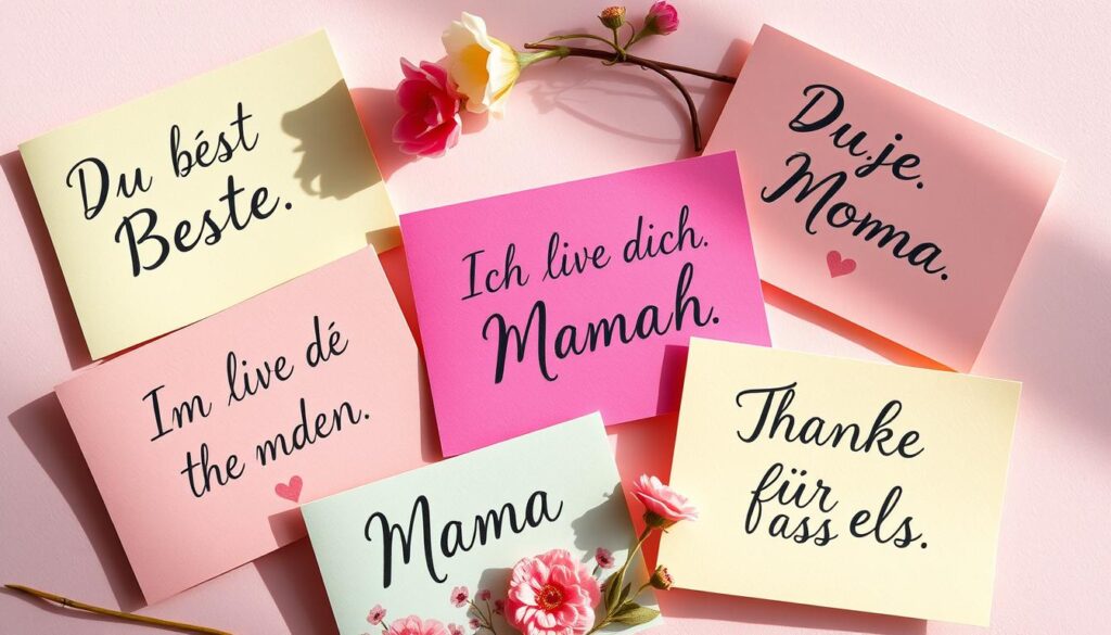 A warm, sun-lit collage of handwritten, cursive phrases on colorful notecards, arranged against a soft, pastel background with a touch of whimsy. The messages convey heartfelt sentiments for a mother - "Du bist die Beste", "Ich liebe dich Mama", "Danke für alles" - each card with an elegant, calligraphic script and accented with delicate floral illustrations. The composition has a cozy, intimate feel, inviting the viewer to pause and appreciate the simple, genuine expressions of love and gratitude.