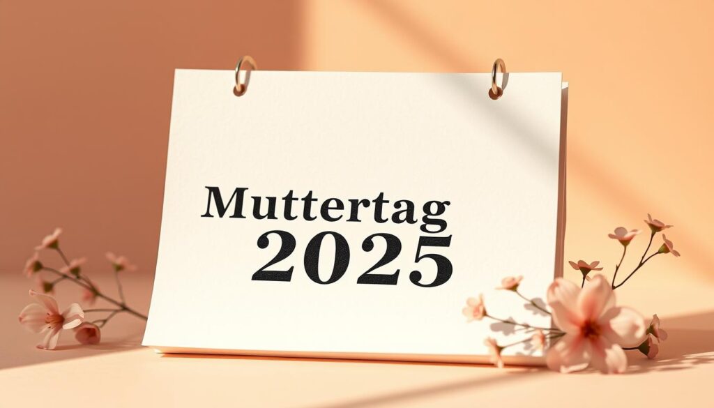 A warm, sunlit calendar display highlighting the "Muttertag 2025" date, set against a soft, pastel-colored background. The calendar is depicted with a clean, minimalist aesthetic, its pages slightly aged and textured to convey a sense of heritage and tradition. The date "Muttertag 2025" is prominently featured, with delicate floral accents around the edges, evoking the celebratory nature of this special occasion. The overall composition strikes a balance between modernity and timelessness, reflecting the enduring significance of Mother's Day.