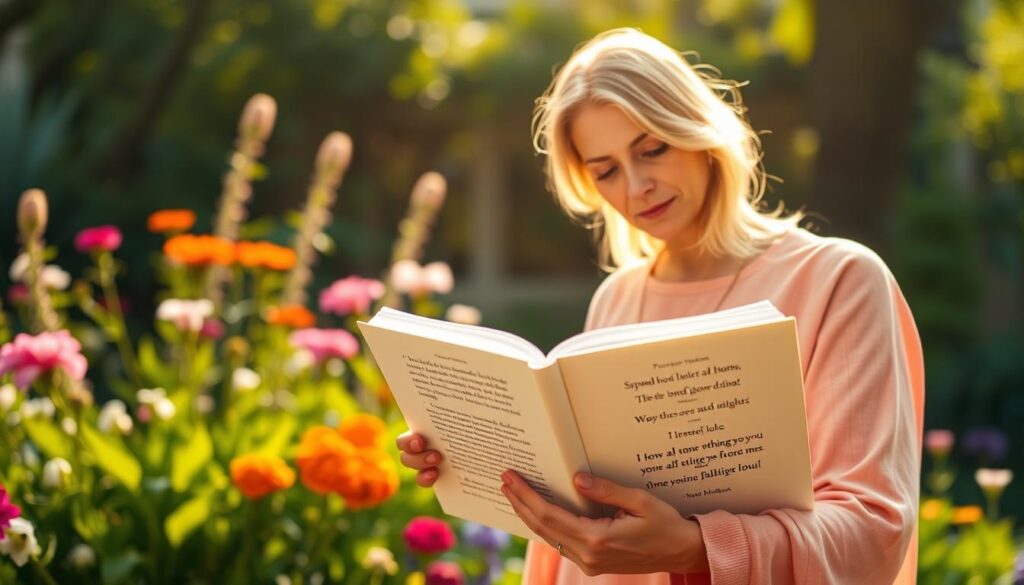 A warm, sunlit garden setting, with lush greenery and vibrant flowers in the background. In the foreground, a serene, motherly figure stands, holding a book of inspirational quotes. Soft, diffused lighting casts a gentle glow, creating an atmosphere of wisdom and nurturing. The figure's expression is one of calm reflection, as she thoughtfully peruses the pages, representing the profound insights and timeless truths shared by mothers throughout the ages. The overall composition conveys a sense of tranquility, reverence, and the enduring legacy of maternal guidance.