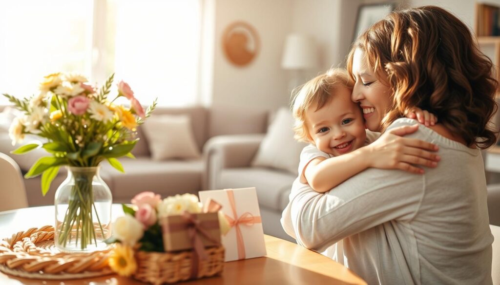 A warm, sunlit scene depicting the significance of Mother's Day. In the foreground, a loving mother embraces her young child, their tender expressions conveying the bond and appreciation between them. The middle ground features a tastefully decorated table with a vase of fresh flowers, a handcrafted card, and a thoughtful gift - symbolic gestures of gratitude. In the background, a cozy, inviting living room with soft, muted tones sets the stage for this intimate family moment. The overall atmosphere evokes a sense of reverence, joy, and the cherished role of motherhood.