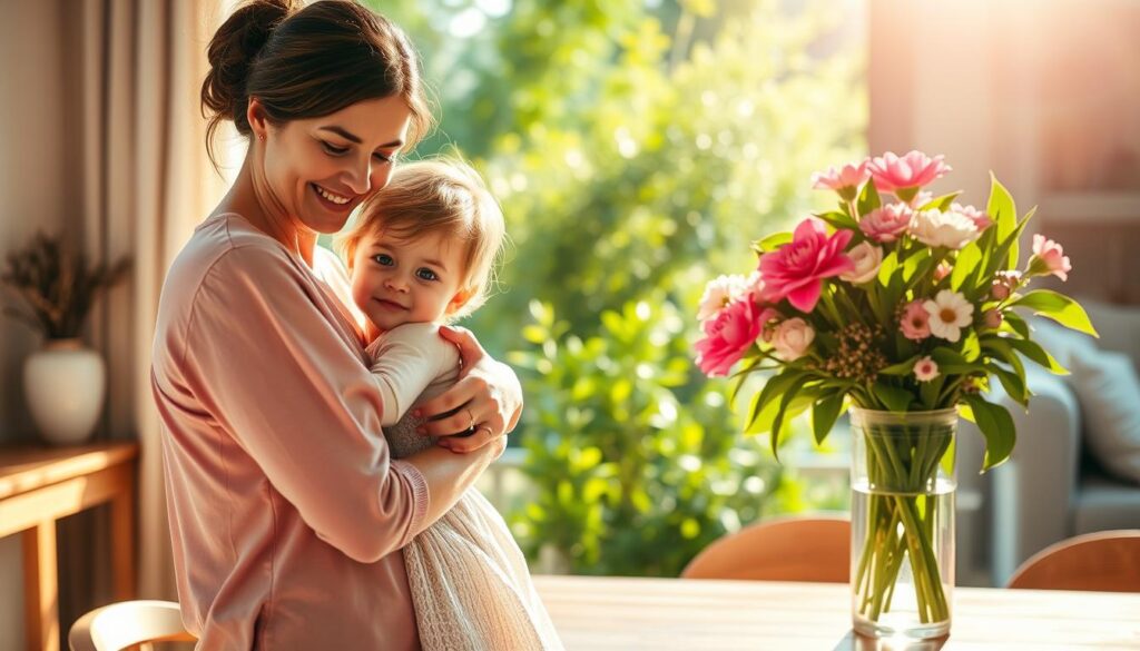 A warm, sunlit scene depicting the significance of Mother's Day. In the foreground, a mother and child embrace, their expressions conveying a profound bond and affection. Behind them, a vase of vibrant flowers stands on a wooden table, symbolizing the beauty and appreciation for maternal love. The middle ground features a lush, verdant garden, with soft rays of light filtering through the leaves. In the background, a peaceful domestic setting, perhaps a cozy living room or kitchen, hints at the comfort and security a mother's presence brings. The overall composition evokes a sense of heartfelt gratitude, tenderness, and the enduring importance of motherhood.