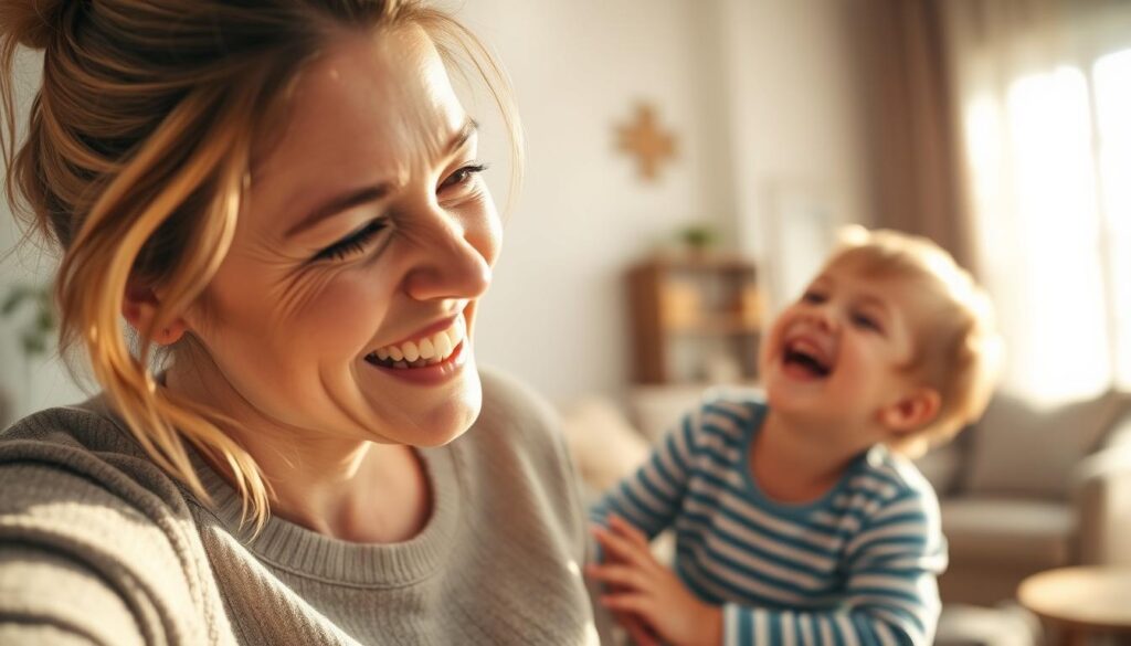 A warm, sunlit scene of a mother and child sharing a joyful moment together. In the foreground, the mother's face is filled with a radiant smile, her eyes shining with genuine amusement as she playfully interacts with her child. The child, in turn, is captured in a fit of laughter, their expression mirroring the mother's delight. The middle ground features a cozy, inviting living room setting, with comfortable furnishings and a sense of homely comfort. In the background, soft, diffused lighting from a large window creates a gentle, calming atmosphere, enhancing the overall mood of intimacy and togetherness. The scene conveys the profound significance of humor and playfulness in the cherished bond between a mother and child, celebrating the joy and laughter that are central to the Muttertag (Mother's Day) tradition.