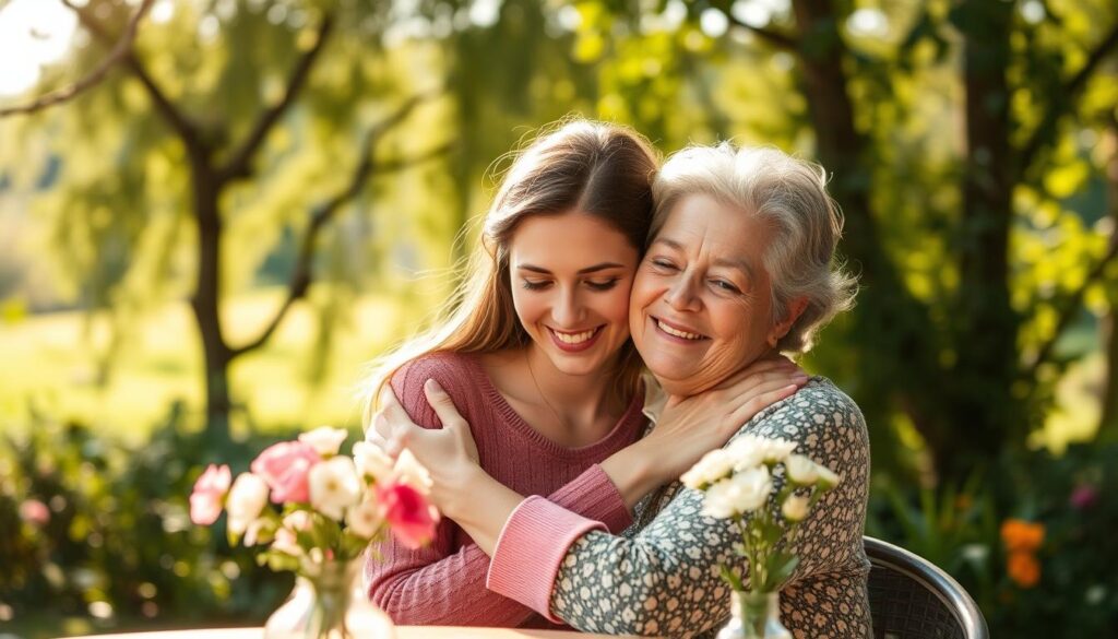 A warm, sunny afternoon in a cozy garden. In the foreground, a young woman tenderly embraces her mother, their faces aglow with love and affection. The daughter's expression is soft and reverent, her eyes shining with admiration. The mother's gaze is gentle and nurturing, a lifetime of care and wisdom reflected in her kind smile. In the middle ground, a table is set with a vase of fresh flowers, a delicate reminder of the beauty that blossoms from the bond between a mother and daughter. The background is a lush, verdant landscape, trees swaying in a light breeze, creating a peaceful, intimate atmosphere. Soft, diffused lighting casts a golden glow, heightening the sense of warmth and intimacy. The overall composition conveys the depth and tenderness of the love shared between a mother and her child.