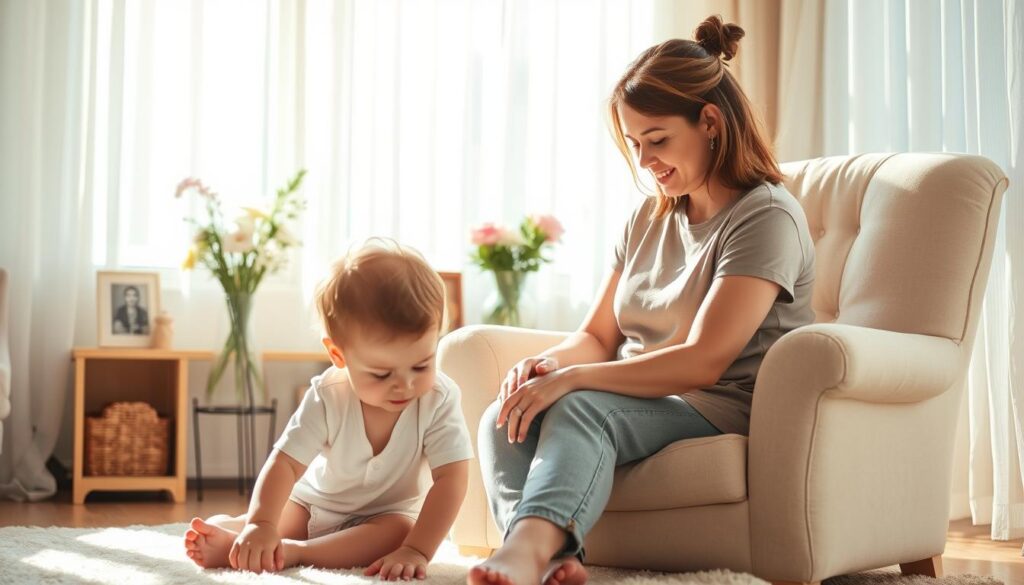 A warm, sunny day in a cozy domestic setting. A mother sits on a plush chair, gazing lovingly at her young child playing peacefully on the floor nearby. Soft natural light filters through sheer curtains, casting a serene glow. The mother's expression is one of tender care and affection, her body language relaxed and nurturing. In the background, a vase of fresh flowers and a few personal mementos suggest a lived-in, homely atmosphere. The composition emphasizes the deep bond and cherished role of a mother in the life of her child.
