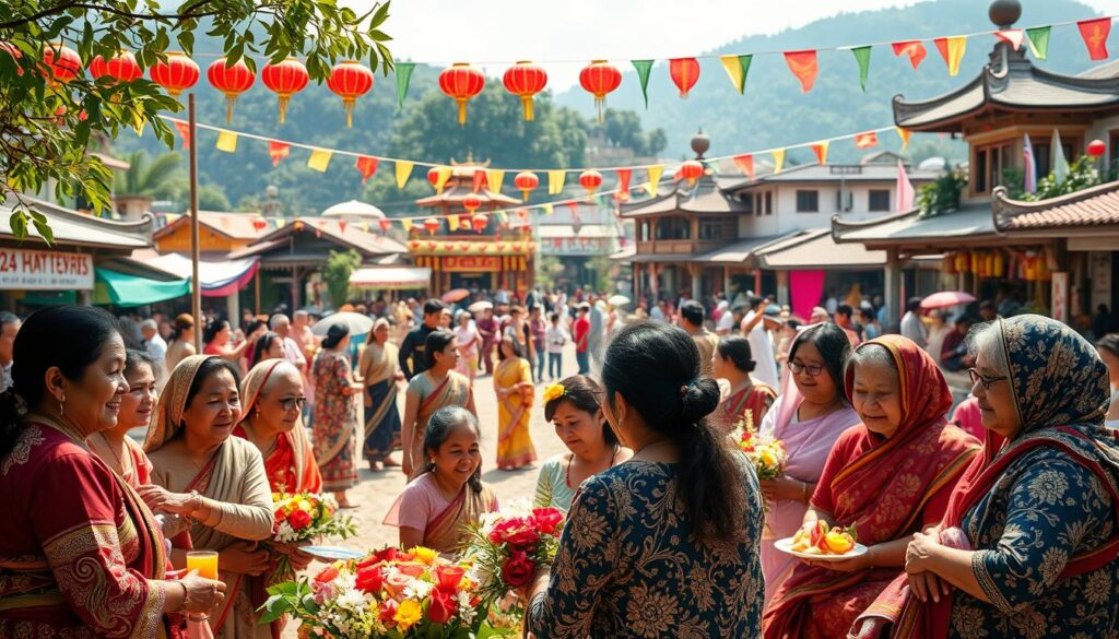 A warm, sunny day in a picturesque global village. In the foreground, mothers of diverse ethnicities and ages are surrounded by their families, celebrating Mother's Day with traditional flowers, foods, and gifts. In the middle ground, people from various cultures perform celebratory dances and rituals. In the background, a tapestry of colorful flags, lanterns, and architectural styles representing the diversity of Mother's Day traditions worldwide. Soft, diffused lighting creates a dreamlike, intimate atmosphere, capturing the universal love and reverence for mothers across the globe.