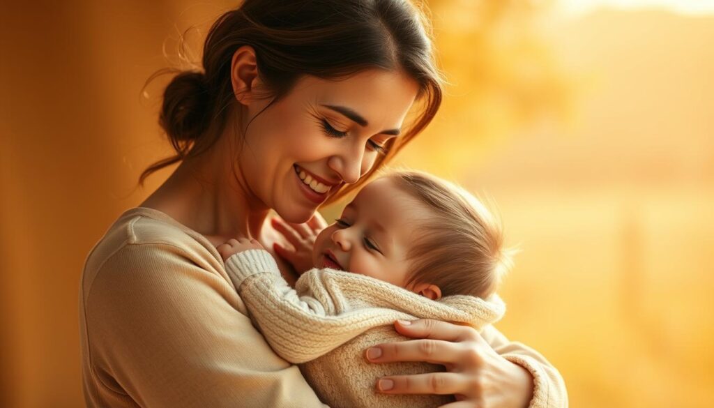 A warm, tender embrace between a mother and child, set against a serene, golden-hued backdrop. The mother's face radiates love and affection as she gazes down at her child, who nestles contentedly in her arms. Soft, diffused lighting casts a gentle glow, highlighting the intimacy and joy of their connection. In the background, a blurred, dreamlike scene of a tranquil garden or pastoral landscape, emphasizing the profound significance and timeless nature of the mother-child bond. An image that captures the essence of the special meaning of Mother's Day, evoking feelings of gratitude, appreciation, and the cherished moments shared between a mother and her child.