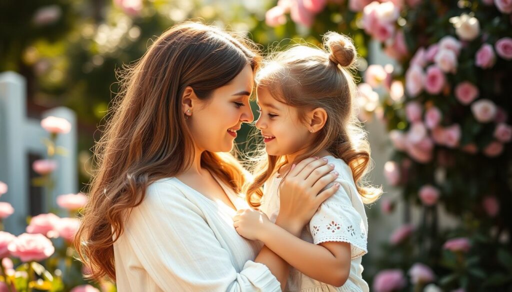 A warm, tender embrace between a mother and her daughter, their faces aglow with affection. The mother's gentle gaze meets the daughter's adoring eyes as they stand in a sun-dappled garden, surrounded by blooming flowers and lush greenery. Soft, diffused lighting casts a dreamlike hue, capturing the profound love and connection between them. The scene conveys the profound bond, the unconditional support, and the unwavering devotion that defines the cherished mother-daughter relationship.