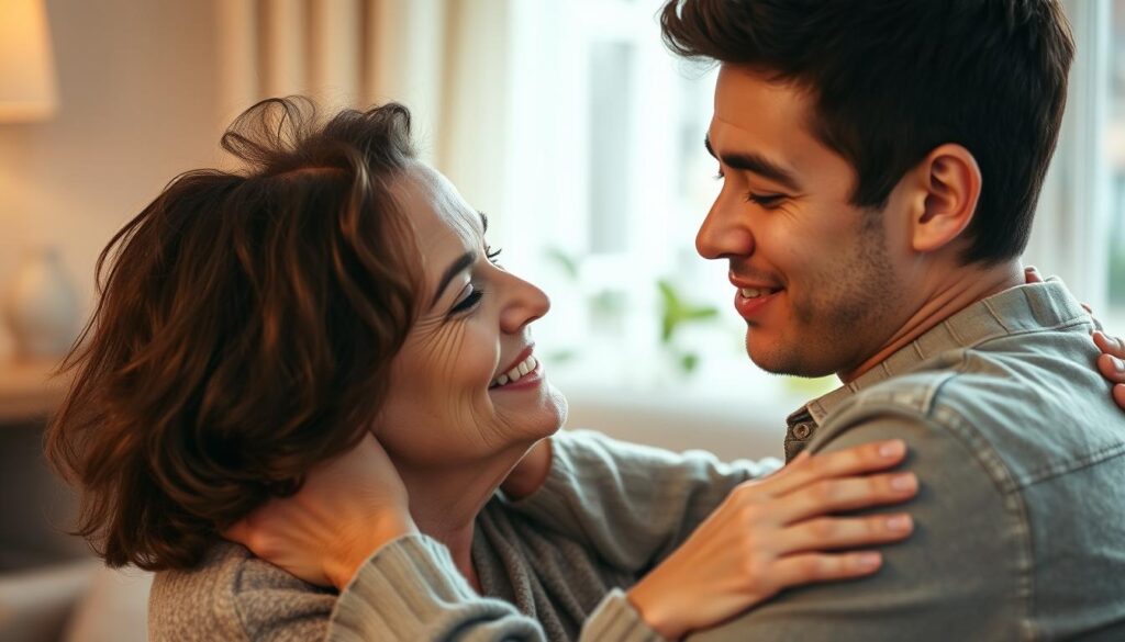 A warm, tender embrace between a mother and her grown son, their expressions conveying a deep, unspoken bond. Soft, diffused lighting casts a gentle glow, highlighting the love and understanding reflected in their eyes. The intimate setting, perhaps a cozy living room or tranquil garden, creates a sense of comfort and safety. Subtle details, like the mother's caring touch or the son's grateful expression, add depth and authenticity to the scene. Ultimately, this image captures the enduring, cherished relationship between a mother and her son, a connection that transcends time and circumstance.