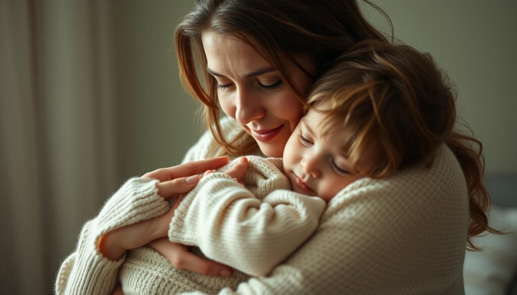 A warm, tender mother embracing her child with deep affection, their bodies intertwined in a gentle, intimate embrace. Soft, diffused light bathes the scene, creating a peaceful, contemplative atmosphere. The mother's expression is one of pure love and adoration, her gaze lovingly fixed on her child. The child, in turn, is nestled in the mother's arms, feeling safe and cherished. The background is blurred, allowing the viewer to focus solely on the profound connection between the two figures. This emotional, poignant scene captures the essence of the bond between a mother and her child.