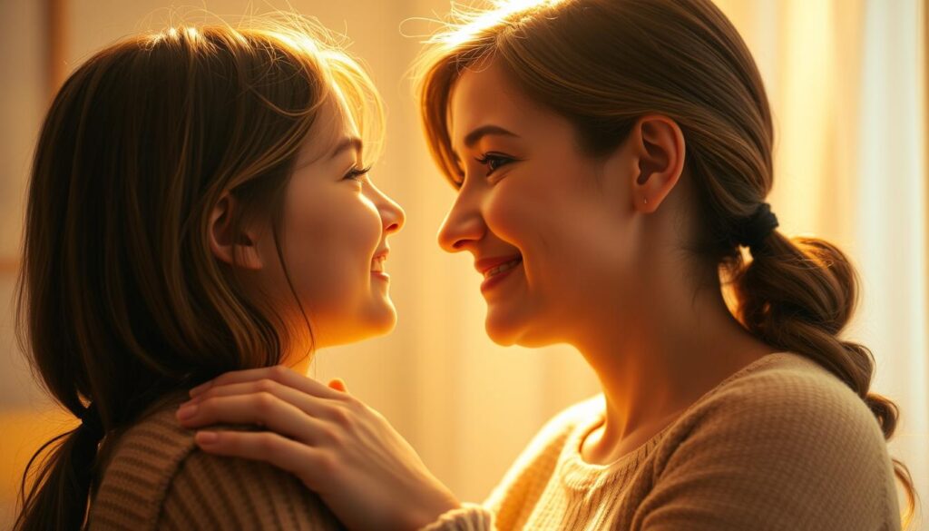 A warm, tender portrait of a mother and daughter, their faces turned towards each other, gazing lovingly into each other's eyes. The mother's hand gently rests on the daughter's shoulder, a gesture of affection and support. Soft, diffused lighting casts a golden glow, creating an intimate, cozy atmosphere. The background is blurred, keeping the focus on the connection between the two figures. Subtle details, like the mother's gentle smile and the daughter's trusting expression, convey the depth of their bond. The scene exudes a sense of emotional intimacy, capturing the profound love and understanding that can exist between a mother and her child.