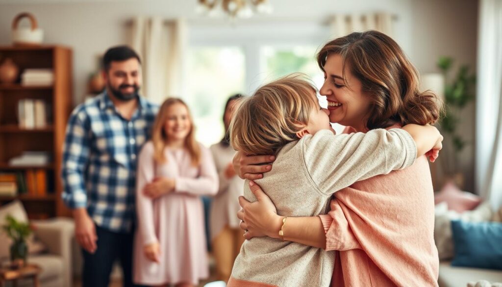 A warm, tender scene of a family celebrating Mother's Day. In the foreground, a child embraces their mother, expressing heartfelt gratitude with a loving, affectionate embrace. The middle ground features the rest of the family - a father, siblings, grandparents - gathered around, smiling and supporting the moment. The background is a cozy, inviting domestic setting, perhaps a living room or kitchen, filled with soft, natural lighting that bathes the scene in a gentle, familial glow. The overall mood is one of joy, connection, and the cherished bonds of family on this special occasion.
