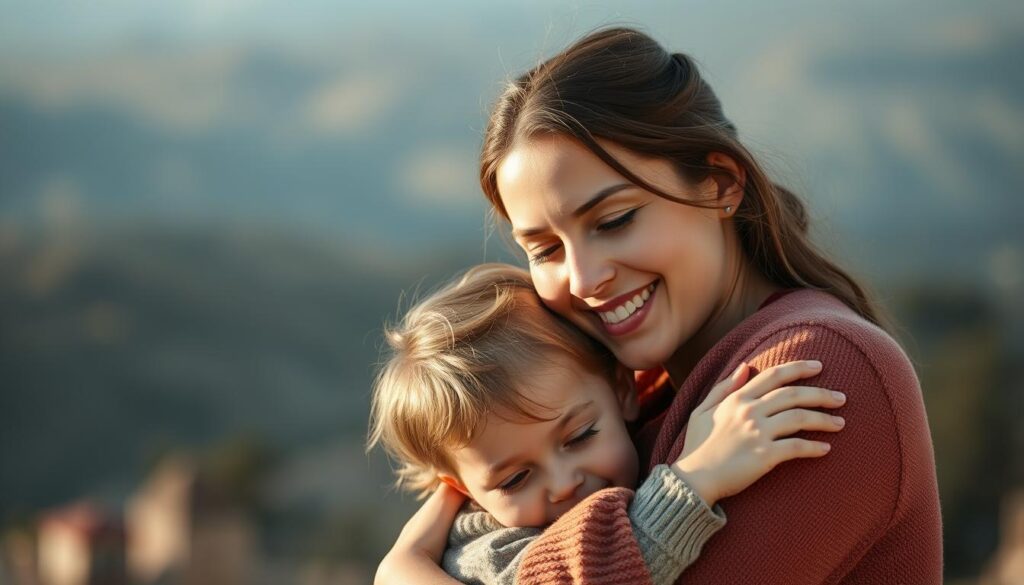 A warm, tender scene of a loving mother and child embracing, their expressions radiating deep affection. The mother's face is illuminated by a soft, natural light, her eyes gazing lovingly at her child with a gentle smile. The child's head is nestled into the mother's shoulder, their arms wrapped around each other in a heartfelt moment of connection. The background is a serene, blurred landscape, creating a sense of intimacy and focus on the pair. The overall mood is one of emotional resonance, conveying the profound bond between a mother and her child.