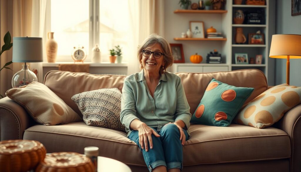 A warm, vibrant living room scene with a happy, playful mother figure sitting comfortably on a couch, surrounded by whimsical decorative elements that evoke her quirky, humorous personality. Soft, warm lighting illuminates the space, creating a cozy, inviting atmosphere. The mother's expressive face and body language suggest a joyful, humorous demeanor, capturing the "humorvolle Sprüche" theme. The composition should be balanced and visually interesting, with attention to detail in the furnishings, textures, and subtle visual cues that reinforce the lighthearted, motherly vibe.