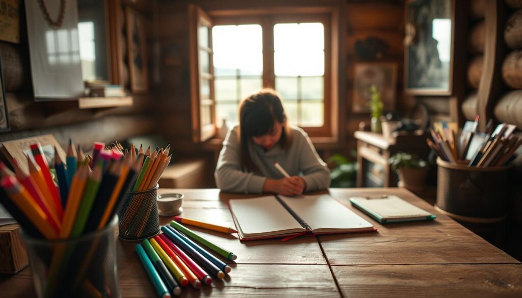 A well-lit, cozy, rustic workspace with a wooden table, a pen, and a notebook. Warm light filters through a window, casting a soft glow on the scene. An assortment of colorful pens, pencils, and markers are neatly arranged, ready to capture the user's creative flow. The middle ground features a thoughtful individual, pen in hand, contemplating and crafting their own personalized Mother's Day messages. The background showcases a serene, natural setting, such as a lush garden or a tranquil countryside, reflecting the nurturing, heartfelt nature of the task at hand.