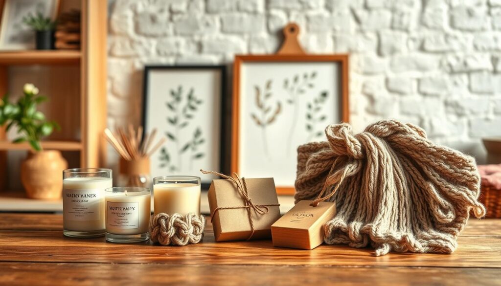 A well-lit, rustic still life scene featuring a variety of homemade, DIY gift ideas for mothers. In the foreground, a handcrafted candle, scented soap, and knitted accessory are artfully arranged on a wooden surface. In the middle ground, a set of framed botanical illustrations or nature-inspired wall art leans against a whitewashed brick wall. The background is softly blurred, hinting at a cozy, inviting indoor setting, perhaps a simple home studio or craft room. The overall mood is warm, natural, and showcases the artisanal charm of thoughtfully handmade items - the perfect complement to a heartfelt mother's day card.