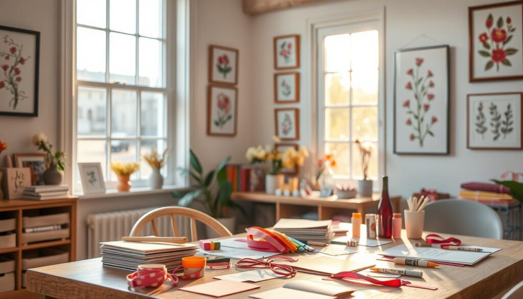 A whimsical DIY Mother's Day card workshop scene, with a cozy table in the foreground set up for crafting activities. Handmade materials like colorful card stock, ribbons, stamps, and markers are neatly arranged, inviting the viewer to get creative. A cheerful window in the background floods the space with warm natural light, casting a soft, golden glow. The walls are adorned with framed floral prints and inspirational botanical illustrations, setting a serene, homey atmosphere perfect for a thoughtful, handcrafted Mother's Day celebration.