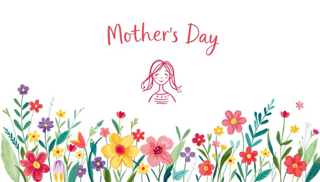 A whimsical Mother's Day card design with a vibrant, hand-drawn aesthetic. In the foreground, an array of colorful, hand-painted flowers and leaves spill across the frame, creating a lush, organic border. In the middle ground, a central illustration depicts a stylized, smiling mother figure surrounded by flowing, abstract patterns and textures, evoking a sense of warmth and affection. The background features a soft, pastel gradient, establishing a dreamy, ethereal atmosphere that enhances the overall playful and endearing mood. Rendered with a delicate, loose brushwork and an inviting color palette, the image conveys a heartfelt, handmade charm perfect for a Mother's Day celebration.