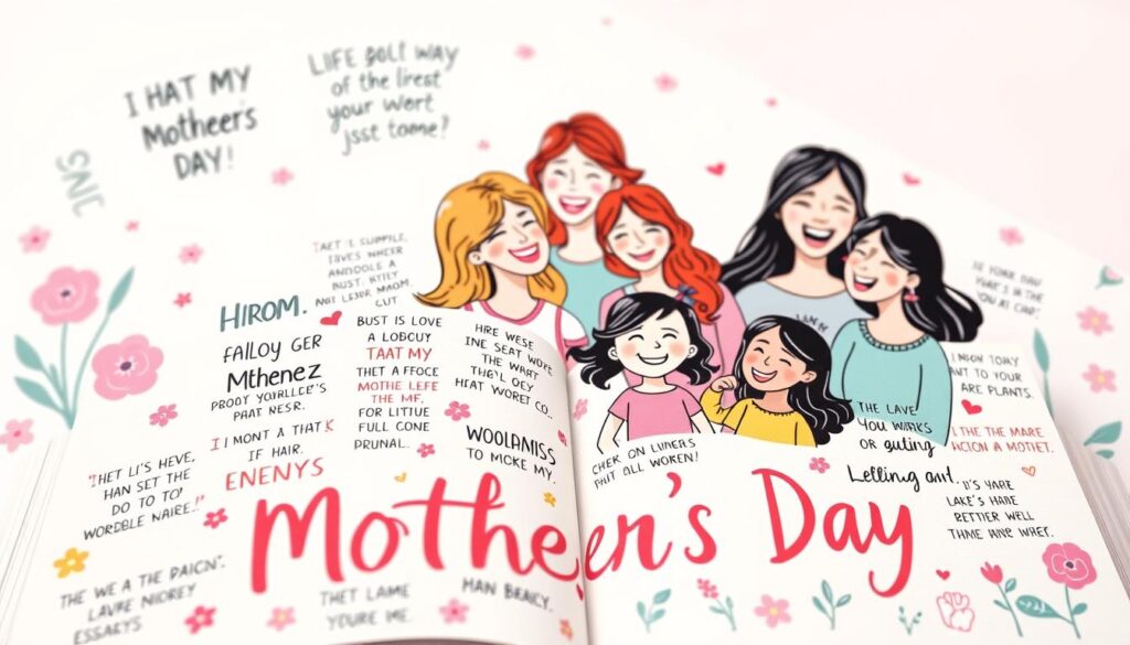 A whimsical Mother's Day scene, captured in a vibrant, playful illustration. In the foreground, a collage of humorous, hand-lettered motherhood quips adorn the page, each one a clever, lighthearted nod to the joys and challenges of being a mom. The middle ground features a lively, diverse group of mothers and children, their faces alight with laughter and warmth. The background is a cheerful, pastel-hued setting, with subtle floral motifs and a soft, diffused lighting that enhances the cozy, intimate atmosphere. The overall composition conveys a sense of celebration, humor, and the unbreakable bond between mothers and their little ones.
