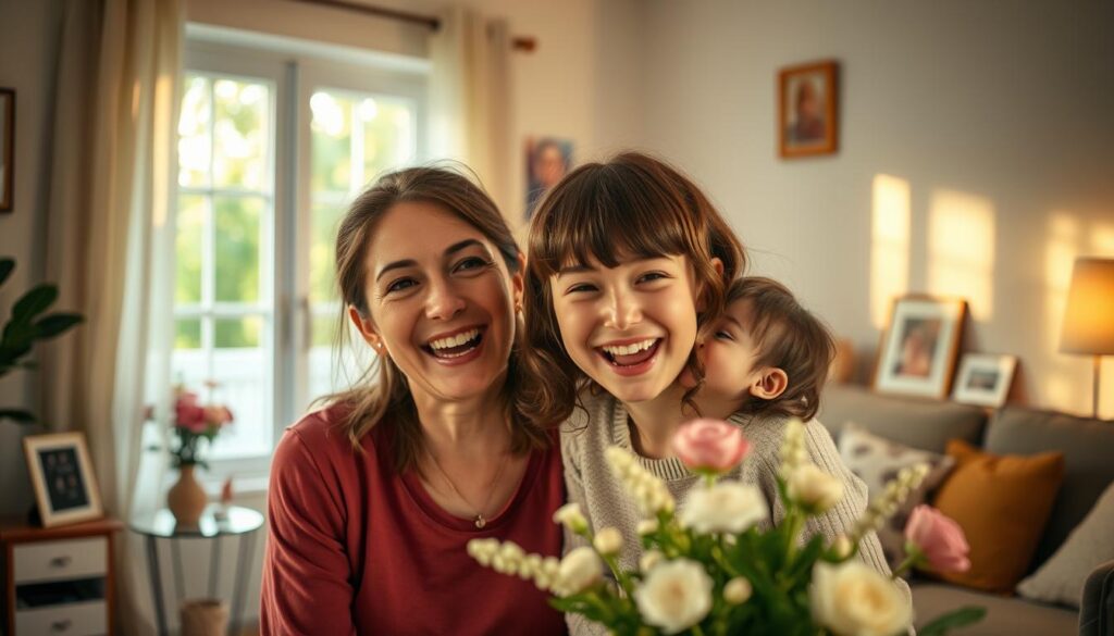 A whimsical Mother's Day scene with a playful, humorous twist. In the foreground, a mother and child share a lighthearted moment, their faces alight with genuine smiles. The middle ground features a charming vignette of a cozy living room, with thoughtful details like a bouquet of flowers and a framed family photo. In the background, a softly lit window offers a glimpse of a sun-dappled garden, exuding a sense of warmth and tranquility. The overall composition is bathed in a soft, golden glow, creating an atmosphere of familial joy and everyday delight. Excellent depth of field and a natural, cinematic lens perspective enhance the sense of intimacy and authenticity.