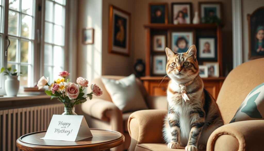 A whimsical Mother's Day scene with a warm, humorous tone. A cozy living room interior, filled with natural light from large windows. On a side table, a vase of fresh flowers and a handwritten card with an affectionate, playful message. In the foreground, a mischievous cat sits on an armchair, as if pondering a clever quip. The walls are adorned with framed family photos and artwork, reflecting the love and laughter that permeate the space. An overall atmosphere of coziness, contentment, and cherished moments between a mother and her loved ones.