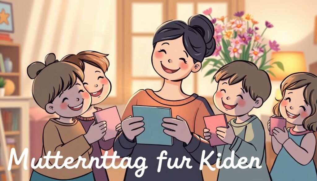 A whimsical and heartwarming illustration of "Muttertag für Kinder". In the foreground, a group of cheerful children, each holding a handmade card or small gift, gather around a smiling mother figure. The children's faces are alight with joy and affection, their expressions capturing the genuine love and appreciation they have for their mother. The middle ground features a cozy, inviting interior, with soft lighting and warm hues that create a comforting atmosphere. In the background, a cluster of vibrant flowers, perhaps the children's own homegrown creations, adds a touch of natural beauty to the scene. The overall composition conveys the meaningful and cherished bond between mothers and their children on this special day.