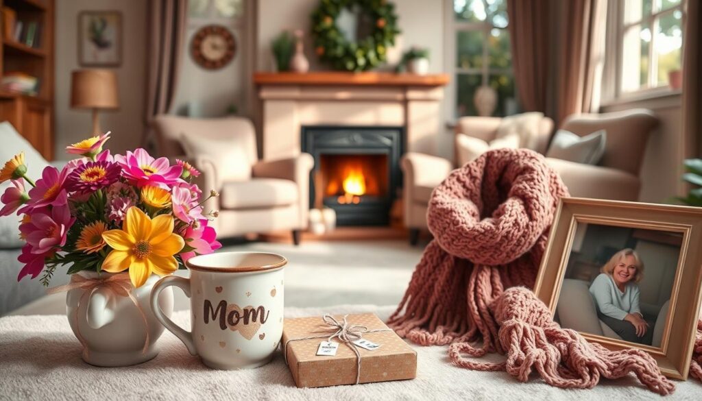A whimsical and heartwarming scene of Mother's Day gift ideas, captured in a soft, dreamy light. In the foreground, an assortment of thoughtful presents - a bouquet of vibrant flowers, a handmade ceramic mug, a cozy knitted scarf, and a framed family photograph. The middle ground features a tidy, cozy living room setting, with plush armchairs and a warm fireplace glow. In the background, a window overlooks a lush, sun-dappled garden, hinting at the love and care that goes into this special day. The overall mood is one of comfort, creativity, and the cherished bond between mother and child.