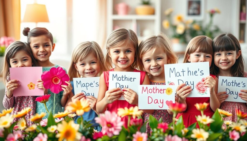 A whimsical and heartwarming scene of young children presenting delightful Mother's Day messages. In the foreground, a group of smiling children, each holding brightly colored, handcrafted cards and crafts. Their expressions are filled with pride and adoration, capturing the pure joy of giving. The middle ground showcases a lush, floral backdrop, with blooming flowers and greenery framing the children. Soft, warm lighting bathes the scene, creating a cozy, intimate atmosphere. In the background, a blurred, pastel-hued interior suggests a cozy home setting, evoking feelings of comfort and familial love. The overall composition conveys the innocent enthusiasm and genuine appreciation children have for their mothers on this special day.