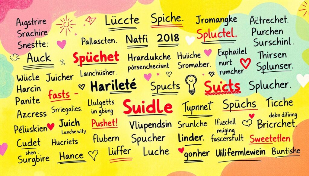 A whimsical and humorous collection of colorful handwritten-style text phrases against a bright, cheerful background. The foreground features an assortment of playful, witty "lustige Sprüche" in various fonts, sizes, and orientations, creating a lively, casual composition. The middle ground showcases a mix of doodles, sketches, and playful graphic elements that complement the text. The background blends vibrant, pastel-toned abstract shapes and patterns, establishing an upbeat, joyful atmosphere. Warm, diffused lighting casts a soft, endearing glow over the entire scene, emphasizing the lighthearted, charming nature of the "lustige Sprüche".