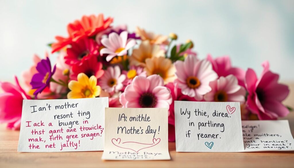 A whimsical and humorous scene depicting "humorous sayings" for Mother's Day. In the foreground, a playful arrangement of handwritten notes with witty, lighthearted messages scribbled in a variety of colorful inks and fonts. The middle ground features a diverse bouquet of vibrant flowers, adding a festive touch. The background blends soft, pastel colors, creating a warm and inviting atmosphere. Diffused lighting gently illuminates the scene, highlighting the playful and joyful nature of the "humorous sayings." The overall composition exudes a sense of celebration, capturing the spirit of the "Witzige und humorvolle Muttertagsprüche" section.