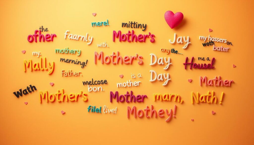 A whimsical and humorous scene of short, quirky mother's day phrases playfully dancing across a vibrant, cheerful background. The phrases, hand-lettered in a variety of colorful, expressive fonts, float and twirl, creating a joyful, lighthearted atmosphere. The layout is balanced and dynamic, with the phrases varying in size and position to draw the eye around the composition. Warm, diffused lighting casts a soft, cozy glow, while a slightly off-kilter camera angle adds a touch of playfulness. The overall mood is one of affection, levity, and warmth - capturing the sentiment of humorous, heartfelt messages that would make any mother smile.