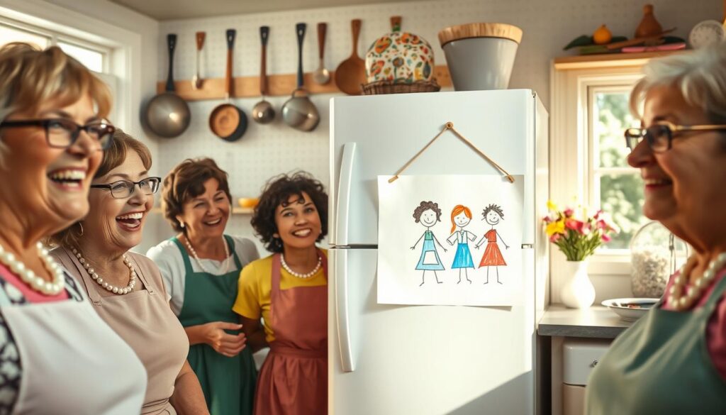 A whimsical and lighthearted scene depicting classic mother's day jokes and humor. In the foreground, a group of women in aprons and pearls share a hearty laugh, their eyes crinkled with mirth. In the middle ground, a lovingly crafted crayon drawing of a stick-figure family hangs on the refrigerator, its colorful simplicity evoking the innocent charm of childhood. The background features a cozy, sun-dappled kitchen, with pots and pans hanging from pegboards and a bouquet of freshly-picked flowers on the windowsill. The overall mood is one of warmth, togetherness, and the timeless comedy that has long been a hallmark of mother's day celebrations.