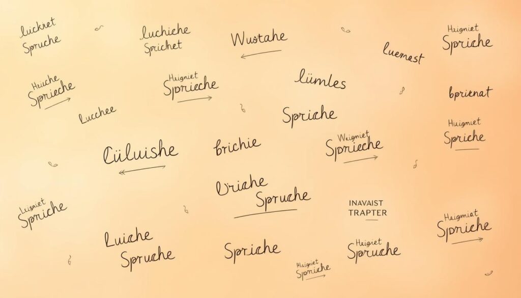 A whimsical and lighthearted scene of handwritten "lustige Sprüche" (funny quotes) scattered across a warm, pastel-colored background. The quotes are written in a playful, cursive calligraphy style, with some doodles and flourishes around the edges. The foreground features a selection of the quotes, while the middle ground has more quotes floating and hovering, creating a sense of movement and spontaneity. In the background, the quotes fade into the soft, hazy atmosphere, creating depth and a dreamlike quality. The overall mood is joyful, humorous, and evocative of a heartfelt, personalized greeting.