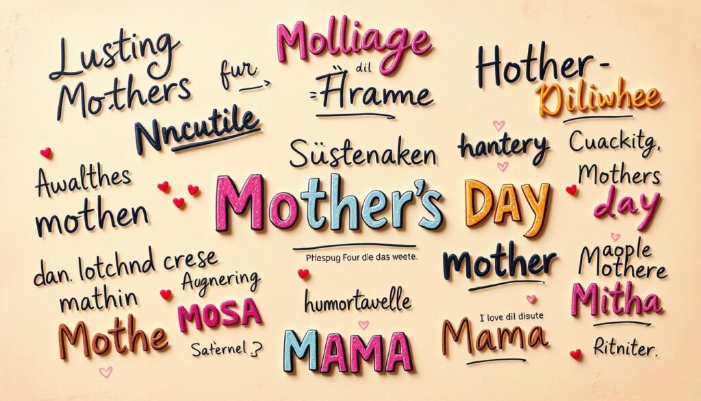 A whimsical arrangement of hand-drawn, colorful typographic designs featuring playful, humorous Mother's Day phrases floating against a warm, pastel-hued background with a vintage, artisanal aesthetic. The text is rendered in an eclectic mix of expressive, freehand script and bold, geometric lettering styles, conveying a lighthearted, heartfelt tone. The composition is balanced and dynamic, with the text elements overlapping and interacting in a natural, organic flow. Soft, diffused lighting casts gentle shadows, creating depth and dimension. The overall mood is joyful, celebratory and reflective of the loving, comedic spirit of the "Lustige Sprüche für die humorvolle Mama" section.