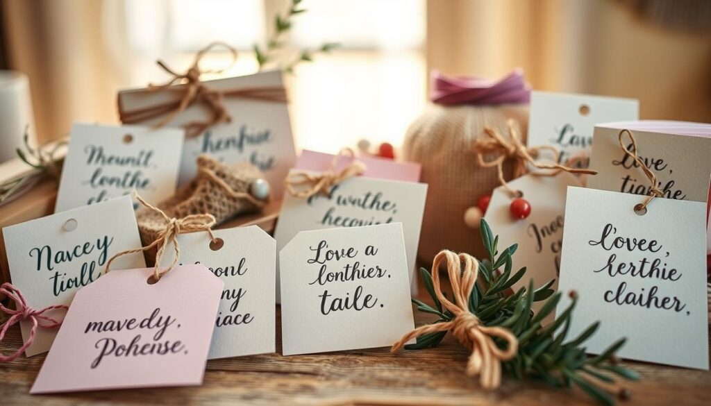 A whimsical arrangement of handwritten-style DIY phrases adorning delicate greeting cards and gift tags. In the foreground, an assortment of tags and cards in pastel hues with charming, heartfelt messages crafted in flowing script. A mix of textures, from crisp paper to rustic burlap, creates visual interest. The middle ground features a variety of artfully placed ribbons, twine, and botanical elements, lending a homemade, artisanal feel. The background softly blurs, emphasizing the focal point of the carefully curated DIY-inspired display. Warm, natural lighting casts a soft glow, heightening the intimate, handmade atmosphere. The overall composition captures the essence of personalized, lovingly created DIY sentiments.