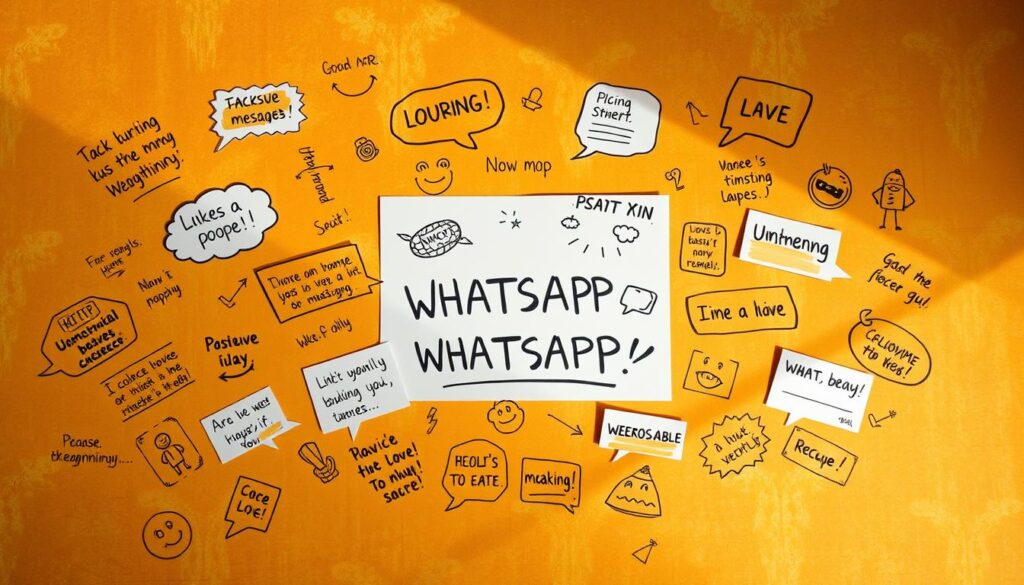 A whimsical arrangement of handwritten-style messages and doodles on a vibrant, textured background. The foreground features a lively collection of humorous, uplifting phrases and playful sketches, capturing the spirit of spontaneous, shareable WhatsApp messages. The middle ground showcases a dynamic layout with different message elements overlapping and interacting, creating a sense of casual, organic flow. The background has a warm, earthy tone with subtle patterns and textures, complementing the handmade aesthetic. Warm, soft lighting from an angled source casts gentle shadows, adding depth and dimension to the composition. The overall mood is lighthearted, relatable, and ready to inspire smiles and laughter.