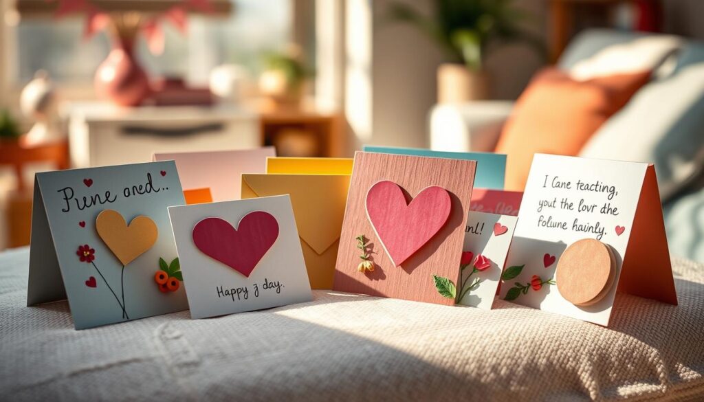 A whimsical arrangement of homemade greeting cards, crafted with care and personalized touches. The cards are placed on a soft, textured surface, with a warm, natural lighting creating gentle shadows and highlights. The cards feature vibrant colors, delicate patterns, and heartfelt messages, conveying the joy and sentiment of a handmade gift. In the background, a blurred, cozy domestic setting suggests the intimate, thoughtful nature of these personal keepsakes. The overall mood is one of creativity, affection, and the personal connection between the giver and recipient.