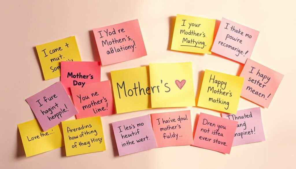A whimsical arrangement of humorous Mother's Day phrases, handwritten on colorful sticky notes, artfully displayed against a soft, pastel-hued background. The notes are casually scattered, each one a unique expression of playful appreciation, capturing the lighthearted and affectionate tone of a partner's message. The composition is illuminated by gentle, natural lighting, creating a warm and inviting atmosphere. The overall effect is a charming, heartfelt celebration of motherhood, with a touch of humor and personal touch.