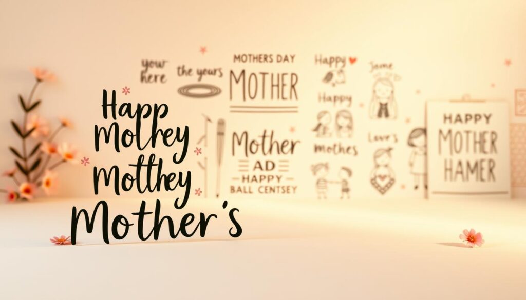 A whimsical, artistically rendered scene showcasing a selection of humorous, hand-lettered Mother's Day messages. In the foreground, playful typography floats against a soft, pastel-colored background, accented with delicate floral elements. The middle ground features a mix of retro-inspired, typographic designs and lighthearted sketches of mothers and children. The background layer blends warm, golden tones with subtle patterns and textures, creating an inviting, nostalgic atmosphere. Gentle lighting casts a warm, glowing ambiance, while the perspective maintains a balanced, cohesive composition. The overall mood is joyful, endearing, and celebrates the spirit of Mother's Day.
