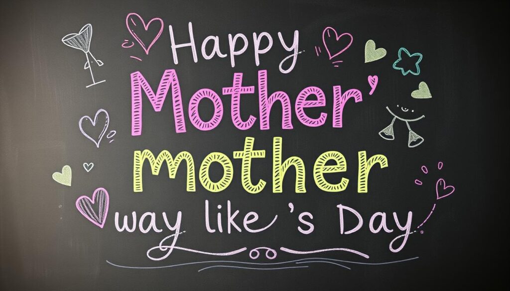 A whimsical chalkboard backdrop with a handwritten, colorful typography piece featuring an emotionally-charged, yet humorous motherly message. The lettering has a playful, freehand quality, with quirky doodles and sketches framing the text. Soft, diffused lighting casts a warm, nostalgic glow, evoking a heartfelt, endearing mood. The overall composition has a charming, handcrafted aesthetic that captures the sentiment of a loving, lighthearted tribute to a mother's special day.