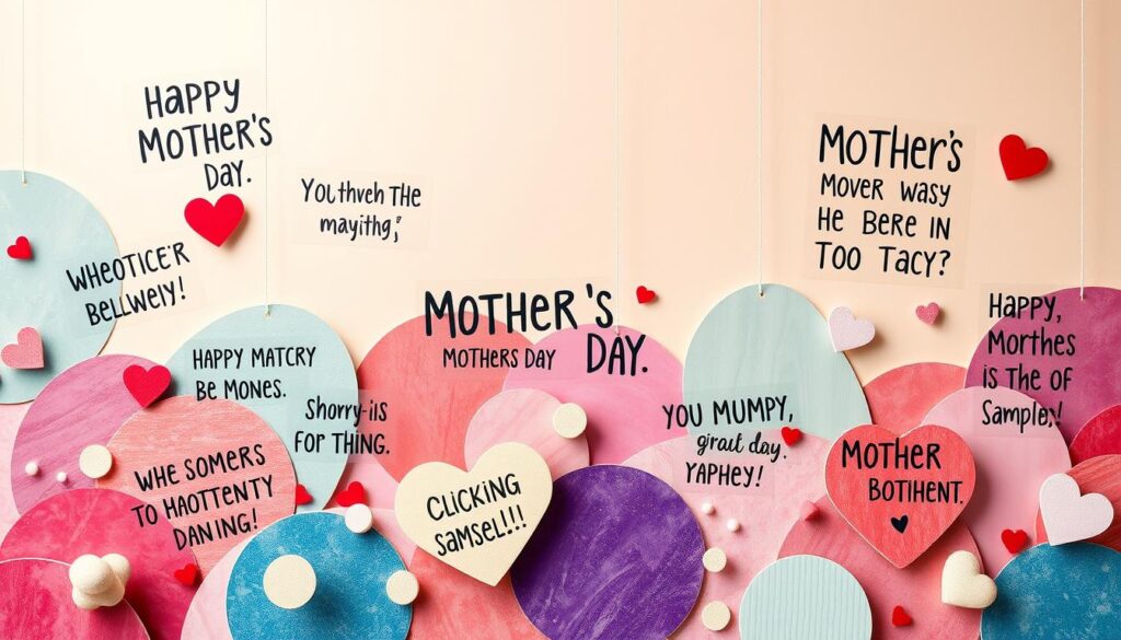 A whimsical collage depicting humorous Mother's Day sayings, rendered in a playful, hand-lettered style. The foreground showcases a selection of witty, heartfelt phrases floating among vibrant, abstract shapes and patterns. The middle ground features a soft, pastel-toned background, hinting at the warm, affectionate sentiment behind the messages. The lighting is soft and diffused, creating a cozy, intimate atmosphere. The overall composition conveys a lighthearted, joyful celebration of motherhood through concise, impactful language.