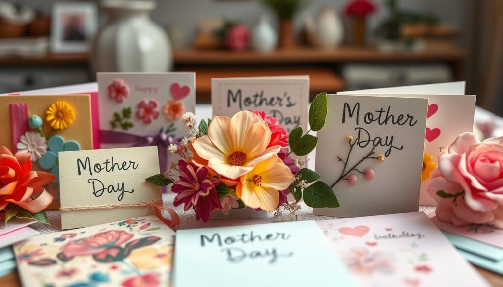 A whimsical collection of handcrafted Mother's Day cards, each one a unique expression of love and gratitude. The foreground features an assortment of vibrant, textured materials - colorful papers, ribbons, fabrics, and embellishments. In the middle ground, delicate floral arrangements adorn the cards, their petals and leaves softly illuminated by warm, natural lighting. The background depicts a cozy, domestic scene, perhaps a table or desk, with subtle hints of a nurturing, family-oriented atmosphere. The overall mood is one of heartfelt creativity, celebrating the joy and appreciation of motherhood.
